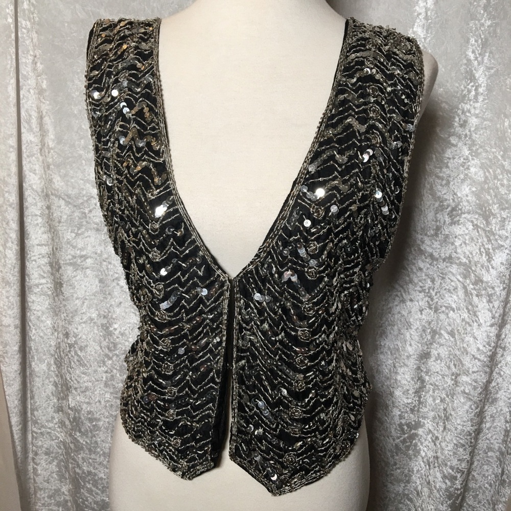 Vintage 100% Silk Sequin Vest Black and Silver Size Small.